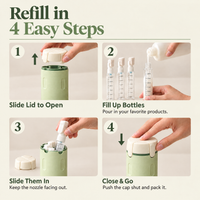 How to refill Mova in 4 easy steps: slide the lid off, fill up the bottles, slide them in, push the cap shut and go